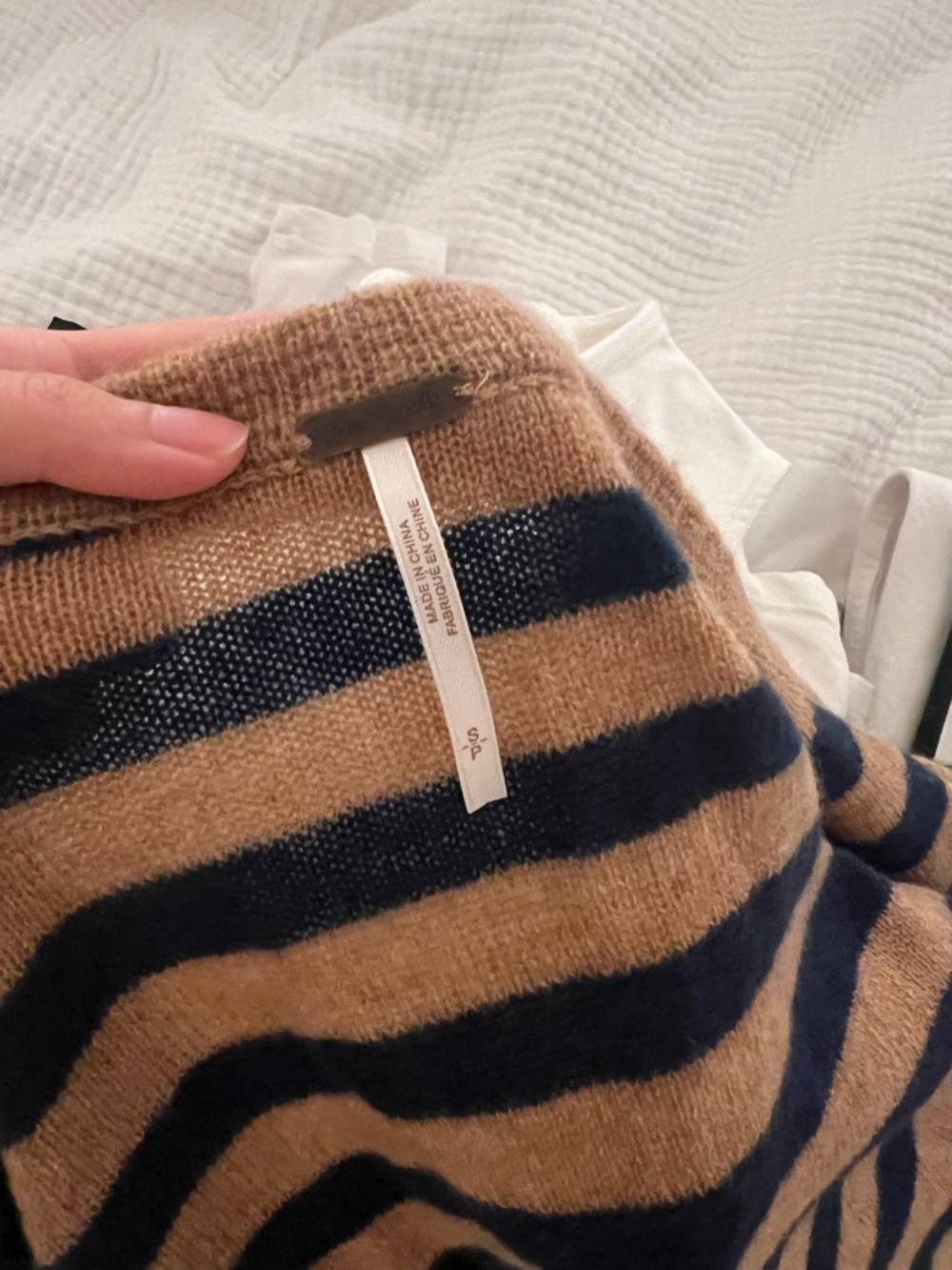 Free People Sailor Cashmere Striped Navy Blue and Tan Cardigan Sweater [Size S] - Picture 5 of 6
